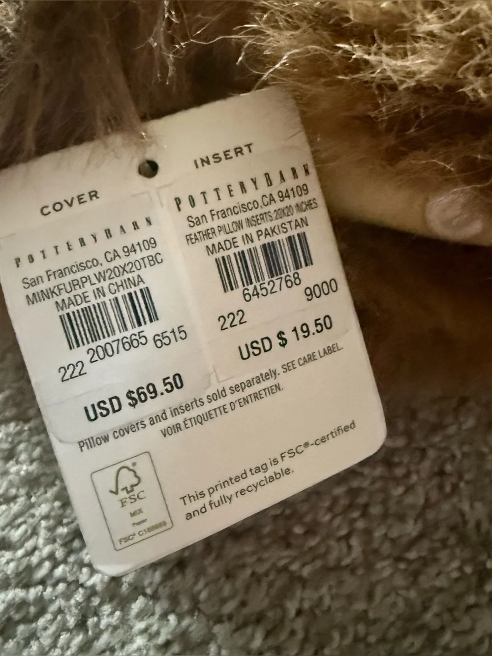 Pottery Barn Mink Faux Fur Pillow Cases 20 X 20 Tobacco